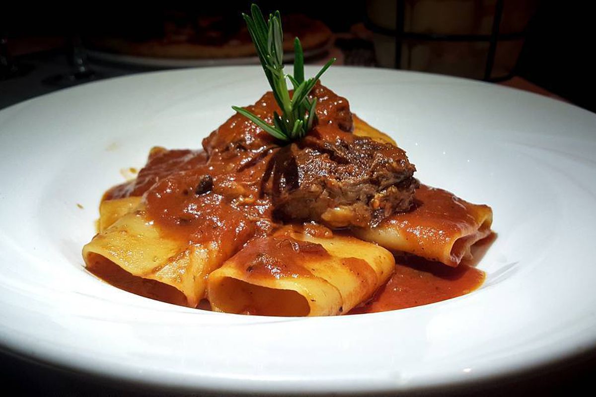Paccheri garnished with a meaty short rib ragu and a sprig of rosemary sits on a white plate on a dark background.