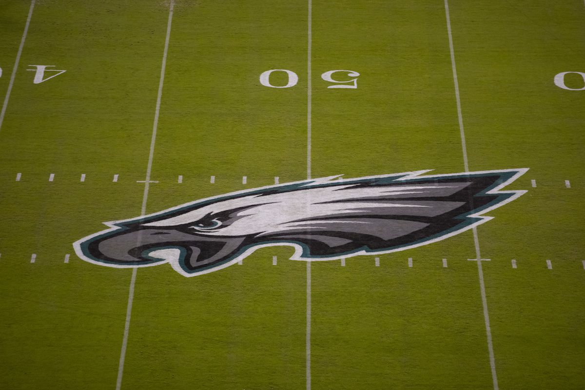 A detailed view of the Philadelphia Eagles logo at midfield prior to the game against the Dallas Cowboys at Lincoln Financial Field on November 1, 2020 in Philadelphia, Pennsylvania.