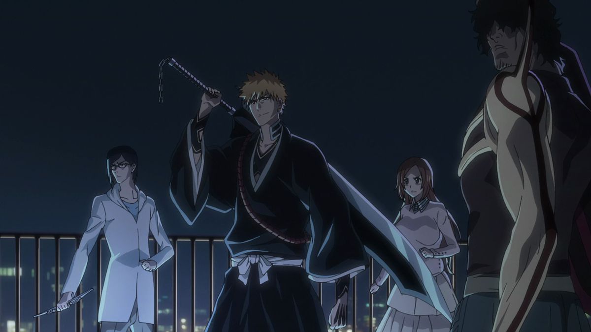 (L-R) A black-haired anime man with glasses (Uryū Ishida), An orange-haired man man with a large sword (Ichigo Kurosaki), an orange-haired anime girl (Orihime Inoue), and a dark-haired anime man (Yasutora Sado) stand on a rooftop at night.