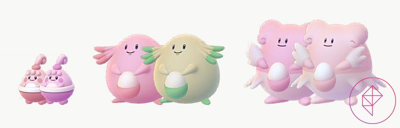Happiny, Chansey, and Blissey compared with their Shiny forms. Blissey is a slightly darker pink, Chansey turns green, and Blissey turns a lighter pink.