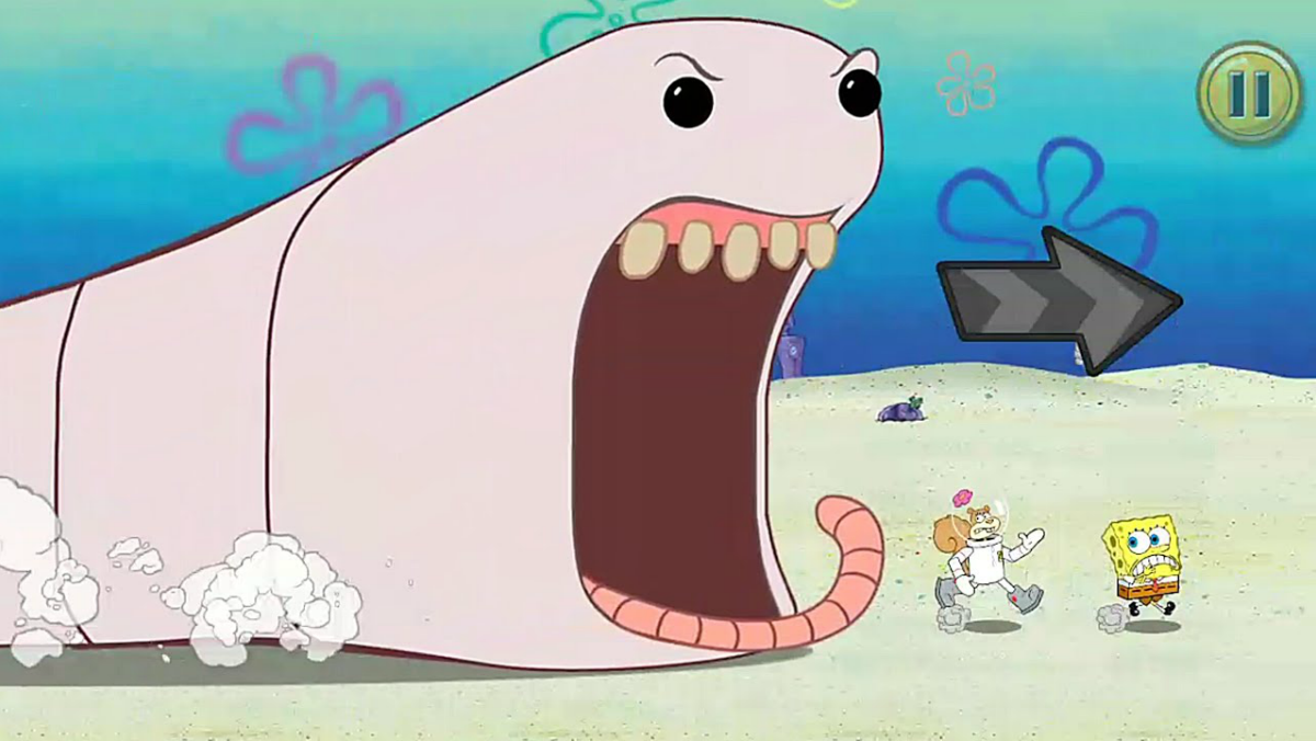 A cartoon of a giant worm chasing two smaller cartoon characters.