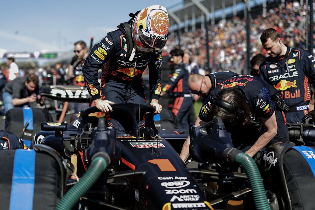 Max Verstappen of the Netherlands gets out of the (1) Oracle Red Bull Racing RB19 on the grid during the F1 Grand Prix of Australia at Melbourne Grand Prix Circuit on April 2, 2023 in Melbourne, Australia.