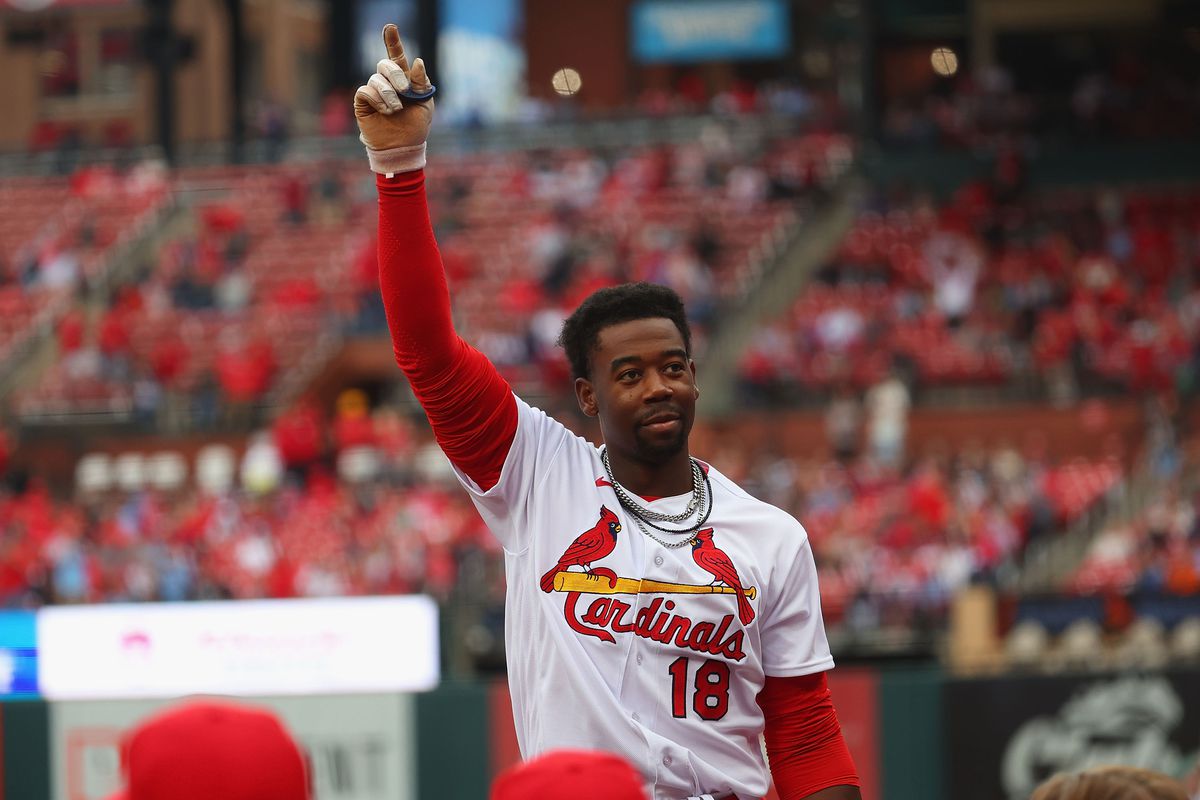Jordan Walker of the St. Louis Cardinals acknowledges the crowd after hitting his first MLB career home run in a game against the Atlanta Braves at Busch Stadium on April 5, 2023 in St Louis, Missouri.