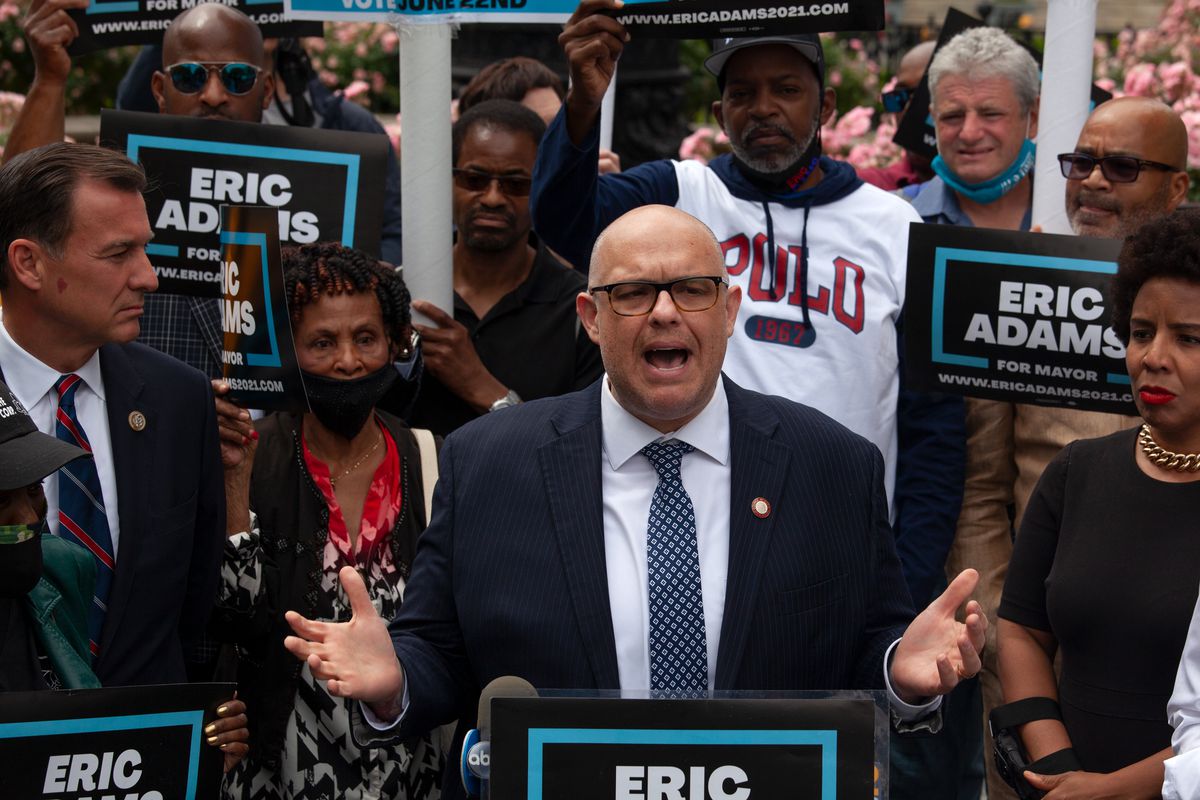 Brooklyn City Councilmember Justin Brannan speaks in support of Eric Adams at a campaign rally in Cadman Plaza on Wednesday, June 2, 2021.