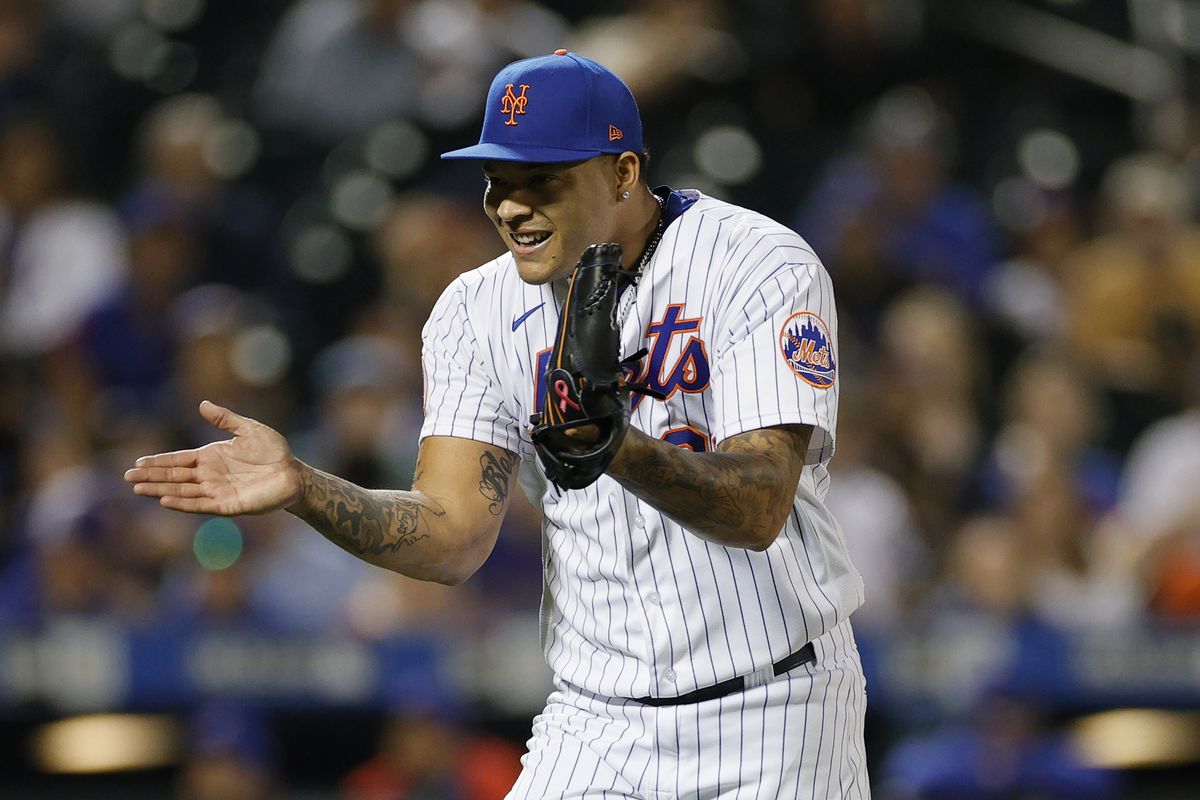 Taijuan Walker #99 of the New York Mets reacts after pitching during the seventh inning against the Chicago Cubs at Citi Field on June 15, 2021 in the Queens borough of New York City.
