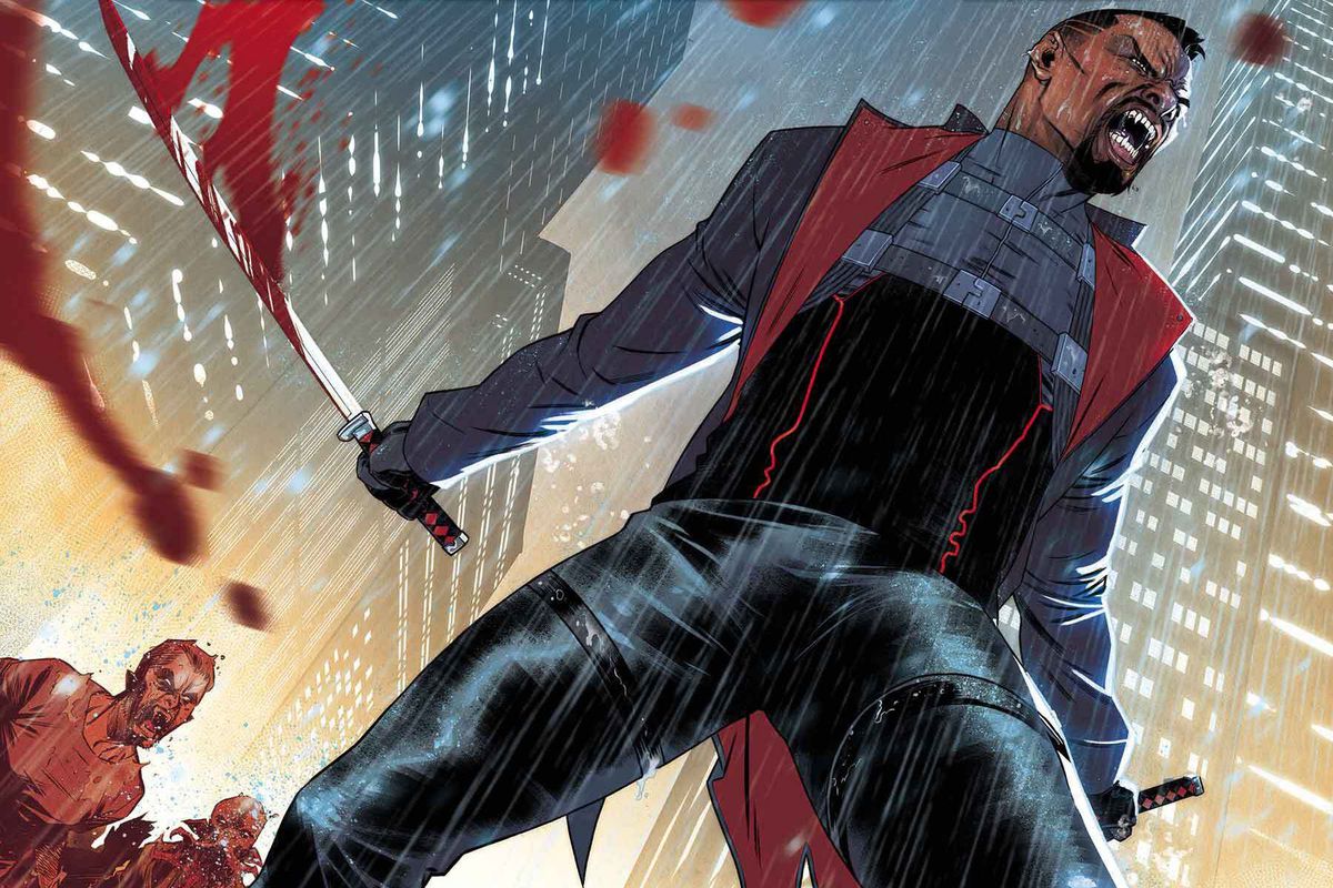Snarling, Blade whips blood off his sword, surrounded by bloodthirsty undead. Night time skyscrapers rise behind him and rain pelts the ground, on the cover of Blade #1 (2023).