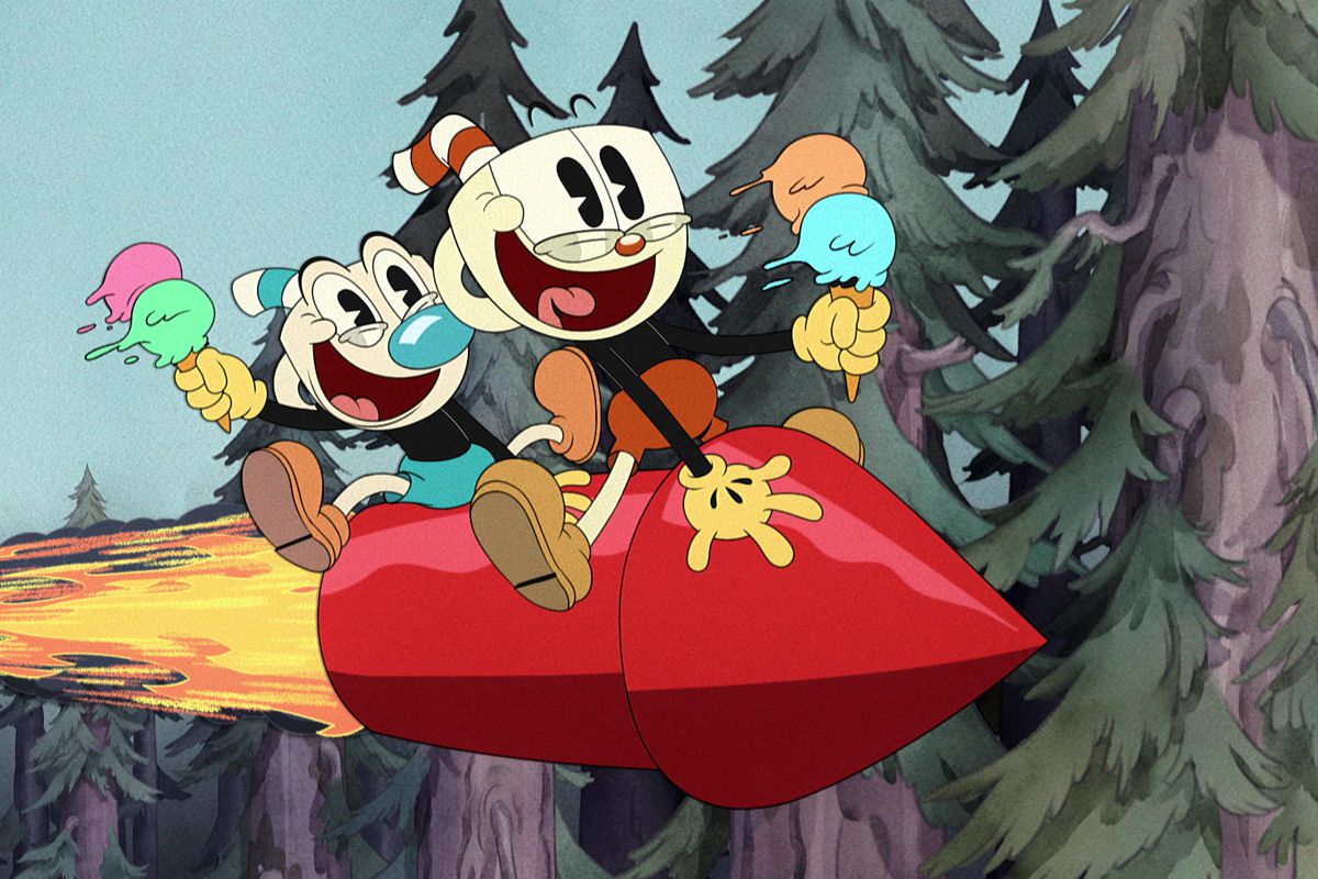 Cuphead and Mugman ride a rocket with ice creams in hand