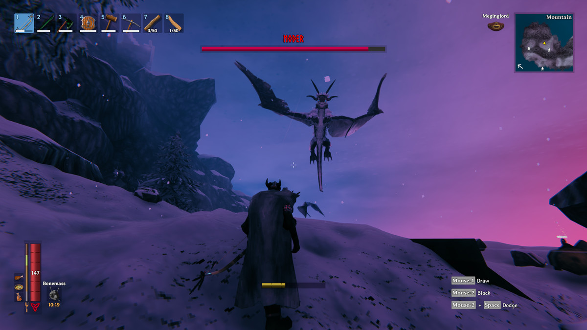 Moder the dragon flying in front of a player in Valheim