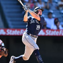 ANAHEIM, CA - AUGUST 17: Seattle Mariners catcher Cal Raleigh (29) watches his home run during the MLB game between the Seattle Mariners and the Los Angeles Angels of Anaheim on August 17, 2022 at Angel Stadium of Anaheim in Anaheim, CA.