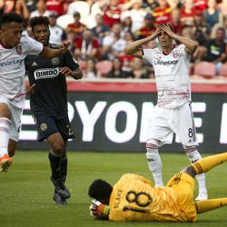 Real Salt Lake midfielder Damir Kreilach (8) reacts as Philadelphia Union goalkeeper Andre Blake (18) stops a shot attempt during the first half of a game at Rio Tinto Stadium in Sandy on Saturday, July 13, 2019.