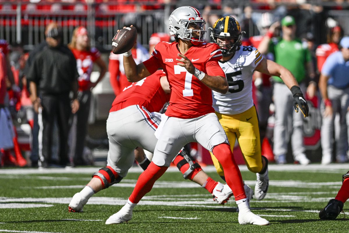 Quarterback C.J. Stroud #7 of the Ohio State Buckeyes throws a pass in the second quarter against the Iowa Hawkeyes at Ohio Stadium on October 22, 2022 in Columbus, Ohio.