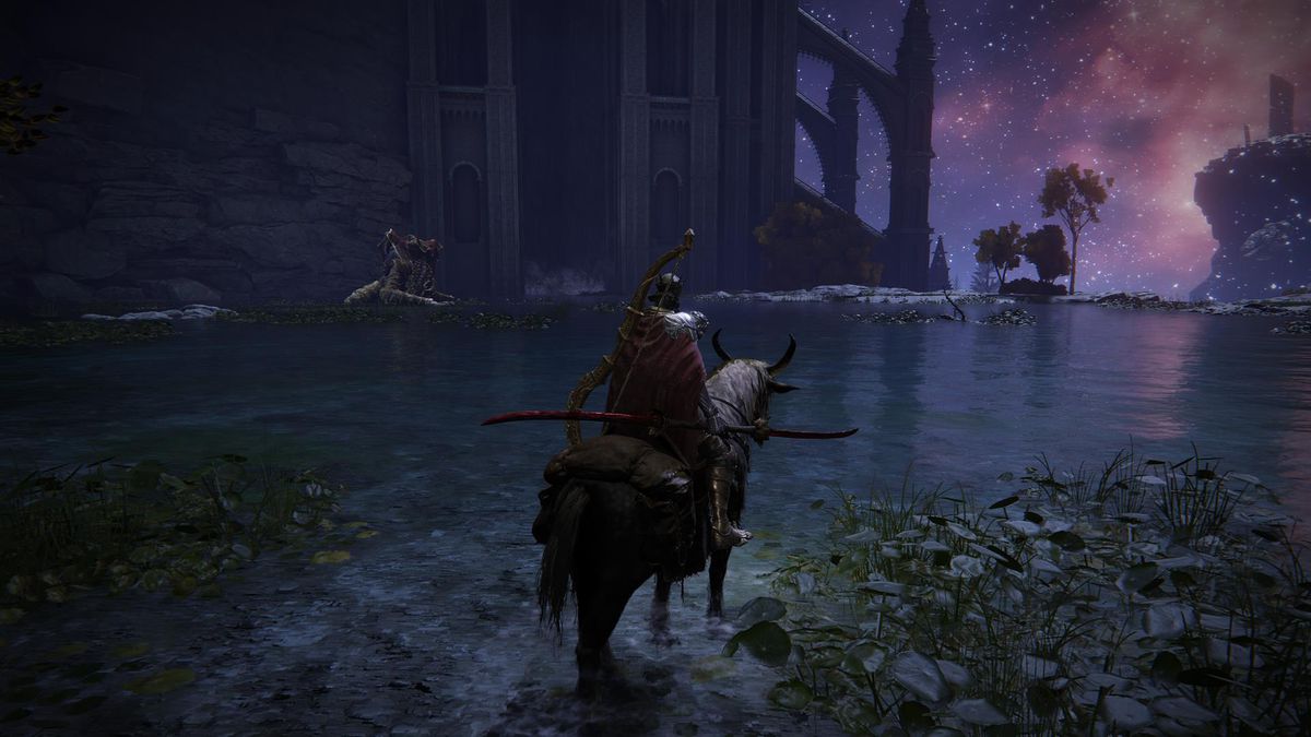 Elden Ring player riding Torrent in Siofra River riding into a pool of water where the Dragonkin Soldier waits.