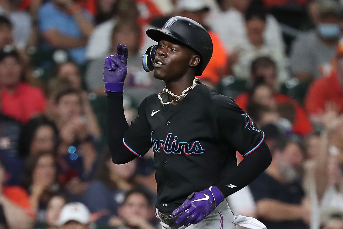 Jazz Chisholm Jr. #2 of the Miami Marlins celebrates while rounding the bases after hitting a two-run home run in the fifth inning against the Houston Astros at Minute Maid Park on June 10, 2022 in Houston, Texas.