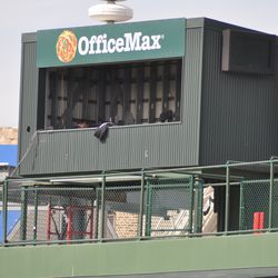 The cover has been removed from the center-field TV camera booth - 