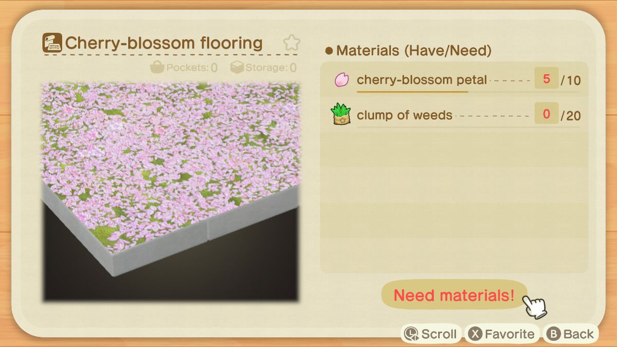 A crafting screen in Animal Crossing showing how to make a Cherry-blossom Flooring