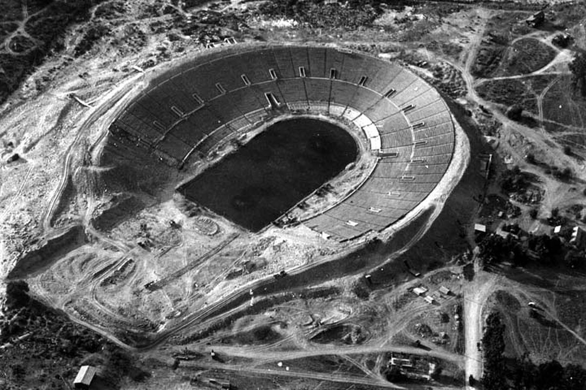 The Rose Bowl Stadium under construction in Pasadena, California in 1922. Photo National Register of Historic Places.