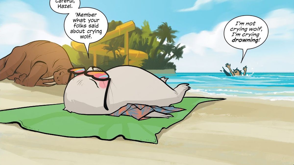 Ghüs the seal man lies on his back on a towel on the beach. He has a Hawaiian shirt on and heart shaped colorful sunglasses. Hazel thrashes around dramatically in the beautiful waves. 