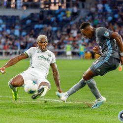 August 7, 2019 - Saint Paul, Minnesota, United States - Minnesota United forward Mason Toye (23) scores the game winning goal during the US Open Cup semifinal match against the Portland Timbers at Allianz Field.