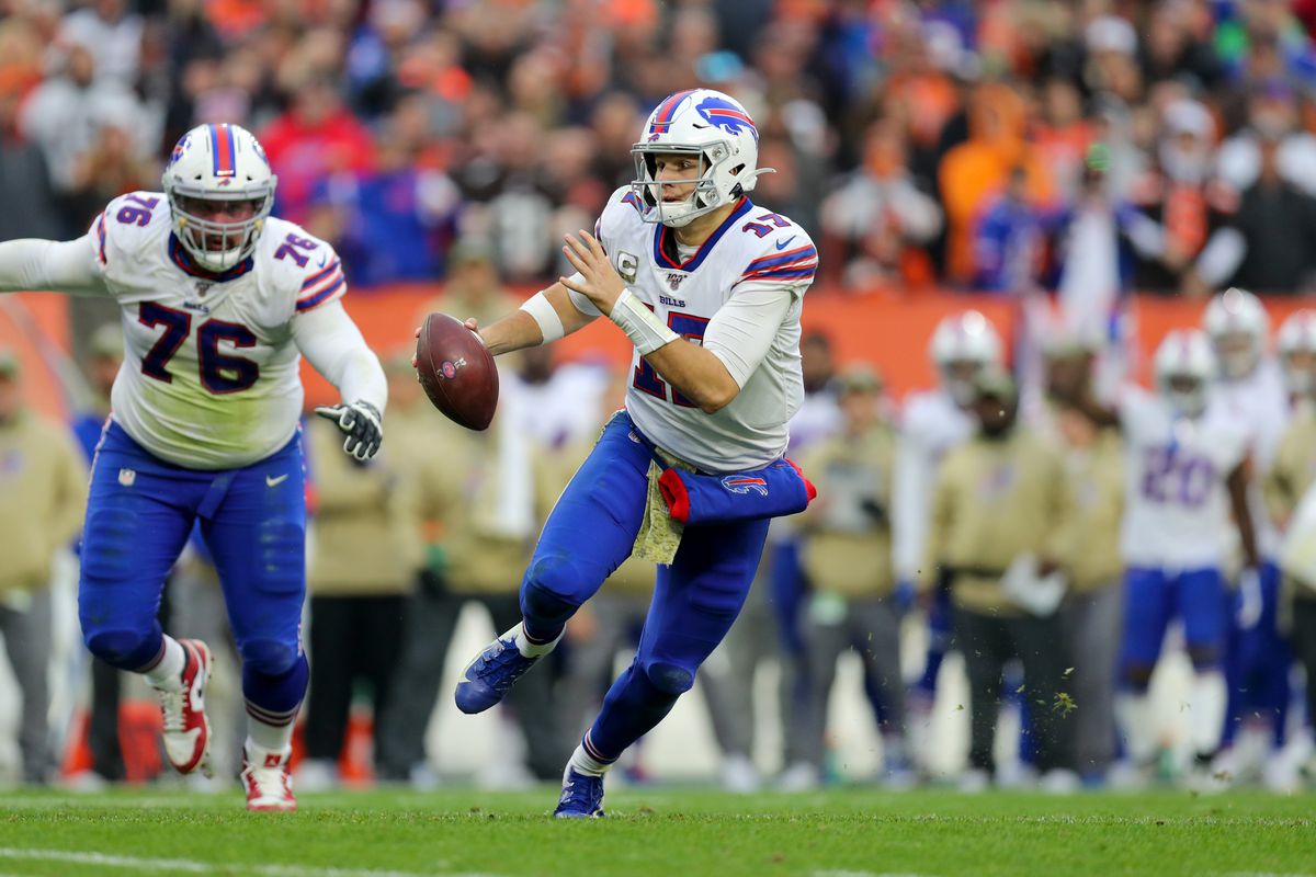 Buffalo Bills quarterback Josh Allen runs with the football during the fourth quarter of the National Football League game between the Buffalo Bills and Cleveland Browns on November 10, 2019, at FirstEnergy Stadium in Cleveland, OH.