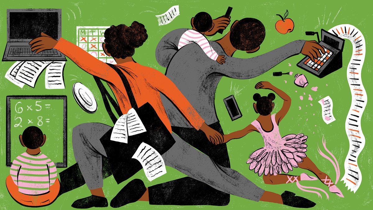 An illustration shows two parents contorting themselves around three children to grab things like a laptop, a piece of paper, and a phone. 