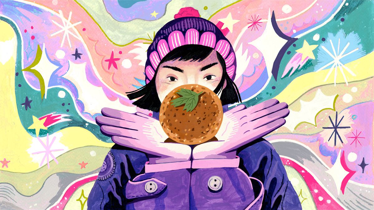 Illustration of a woman wearing winter gear holding a deep-fried sauerkraut ball in her open hands.