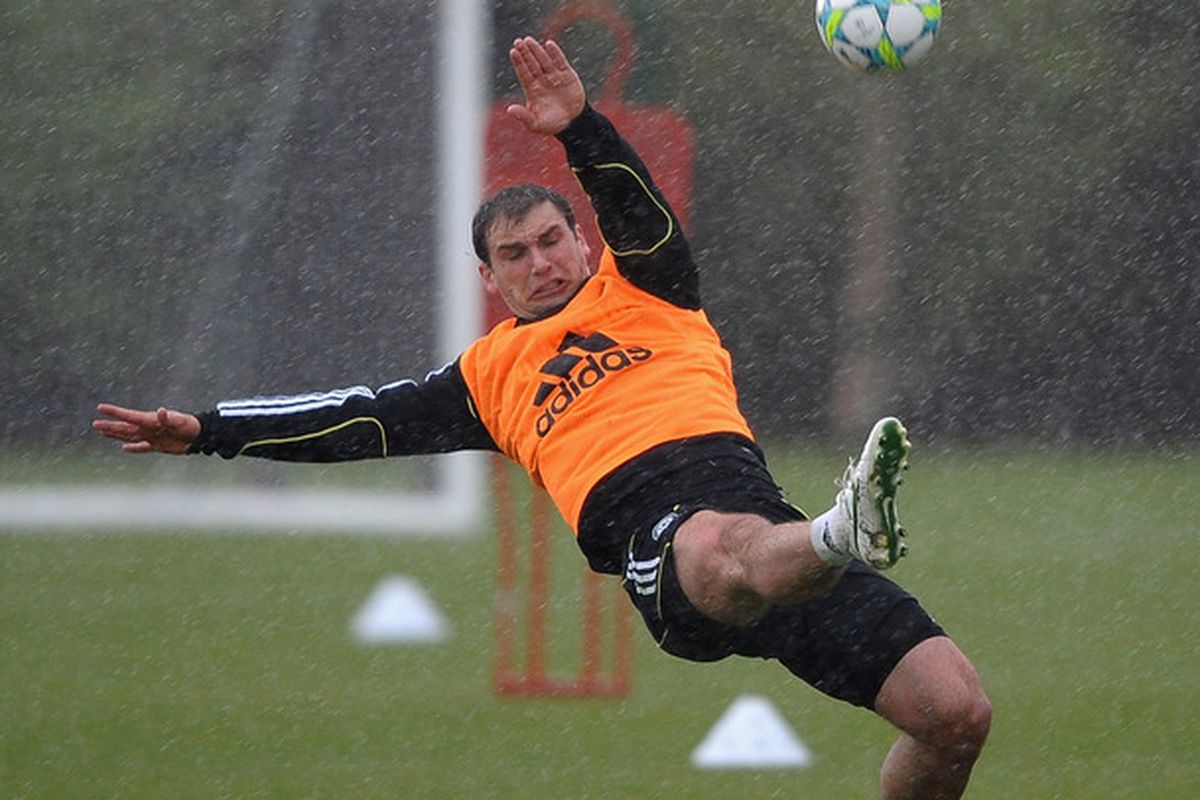 COBHAM, ENGLAND - MAY 15:  Branislav Ivanovic of Chelsea in action during training at Chelsea Training Ground on May 15, 2012 in Cobham, England.  (Photo by Laurence Griffiths/Getty Images)