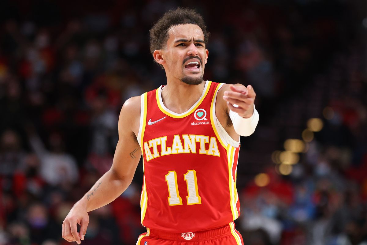 Trae Young #11 of the Atlanta Hawks reacts against the Portland Trail Blazers during the third quarter at Moda Center on January 03, 2022 in Portland, Oregon.