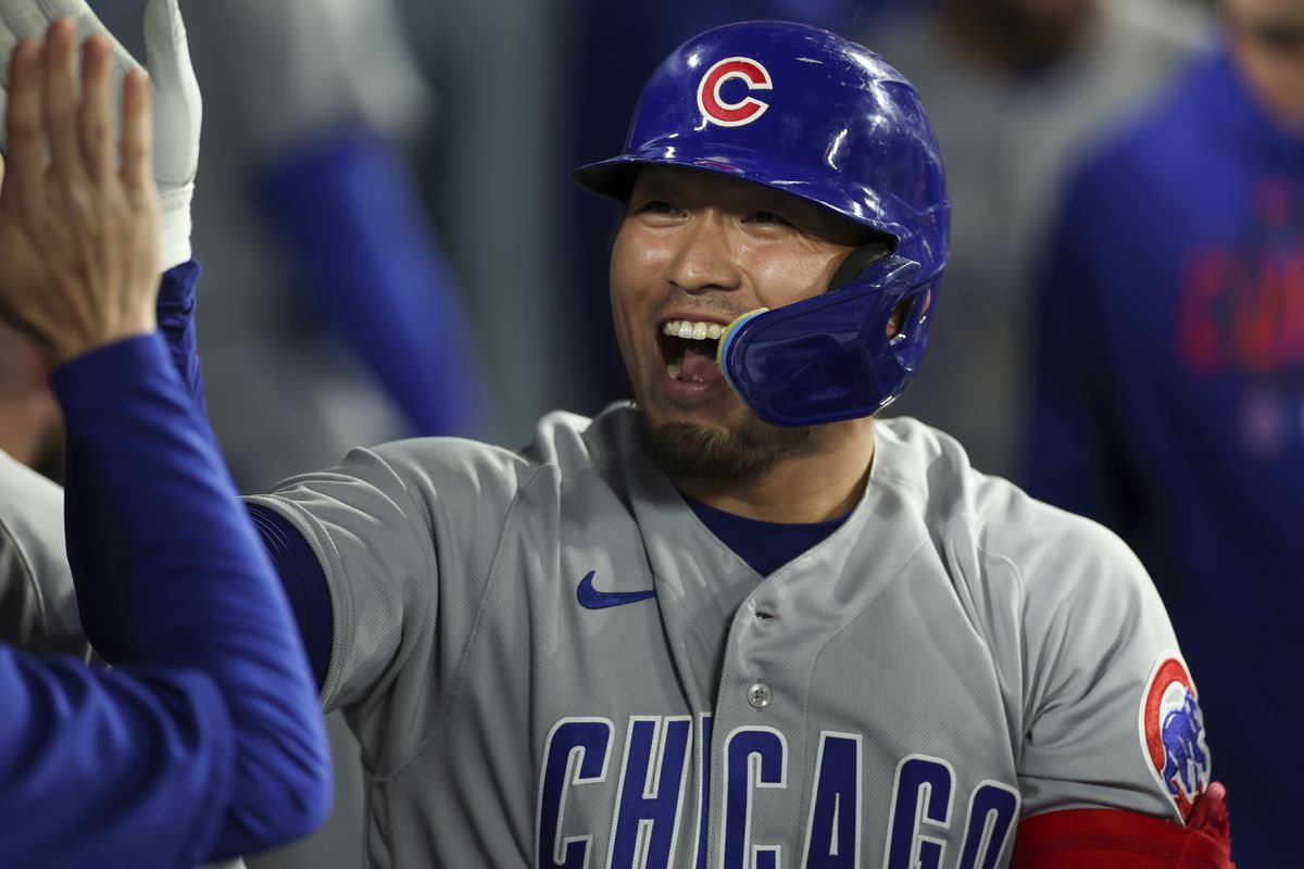 Chicago Cubs right fielder Seiya Suzuki celebrates a solo home run in the eighth inning during a regular season game between the Chicago Cubs and Los Angeles Dodgers on April 14, 2023 at Dodger Stadium in Los Angeles, CA.