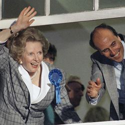 In this June 12, 1987 file photo, British Prime Minister Margaret Thatcher waves to supporters from Conservative Party headquarters in London after claiming victory in Britain's general election. Ex-spokesman Tim Bell says that Thatcher has died. She was 87. Bell said the woman known to friends and foes as "the Iron Lady" passed away Monday morning, April 8, 2013.