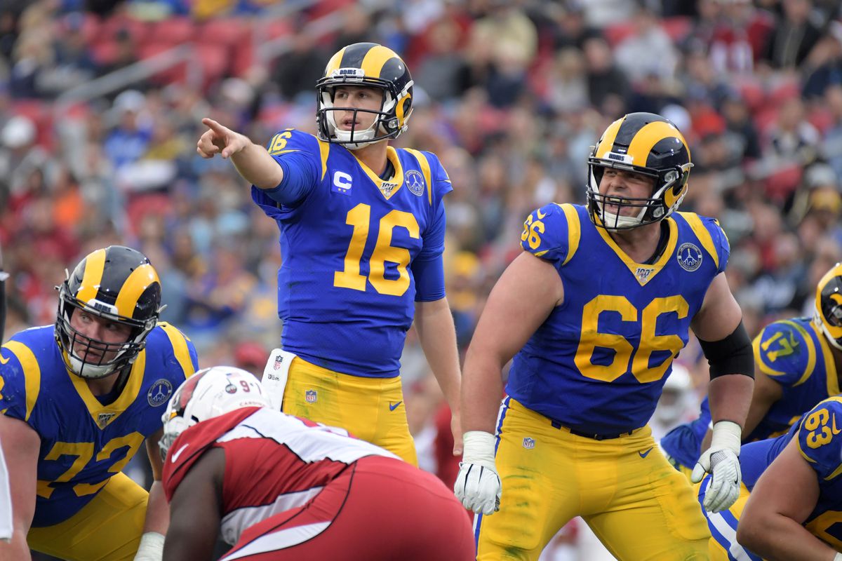 Los Angeles Rams quarterback Jared Goff and center Coleman Shelton react in the third quarter against the Arizona Cardinals of the final Rams home game at Los Angeles Memorial Coliseum before moving to SoFi Stadium for the 2020 season.