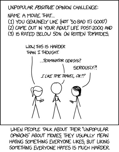 A stick figure comic pointing out that it’s much easier to think of a movie you hate that everyone else likes, than it is to think of a movie you like that everyone else hates, from the webcomic xkcd. 