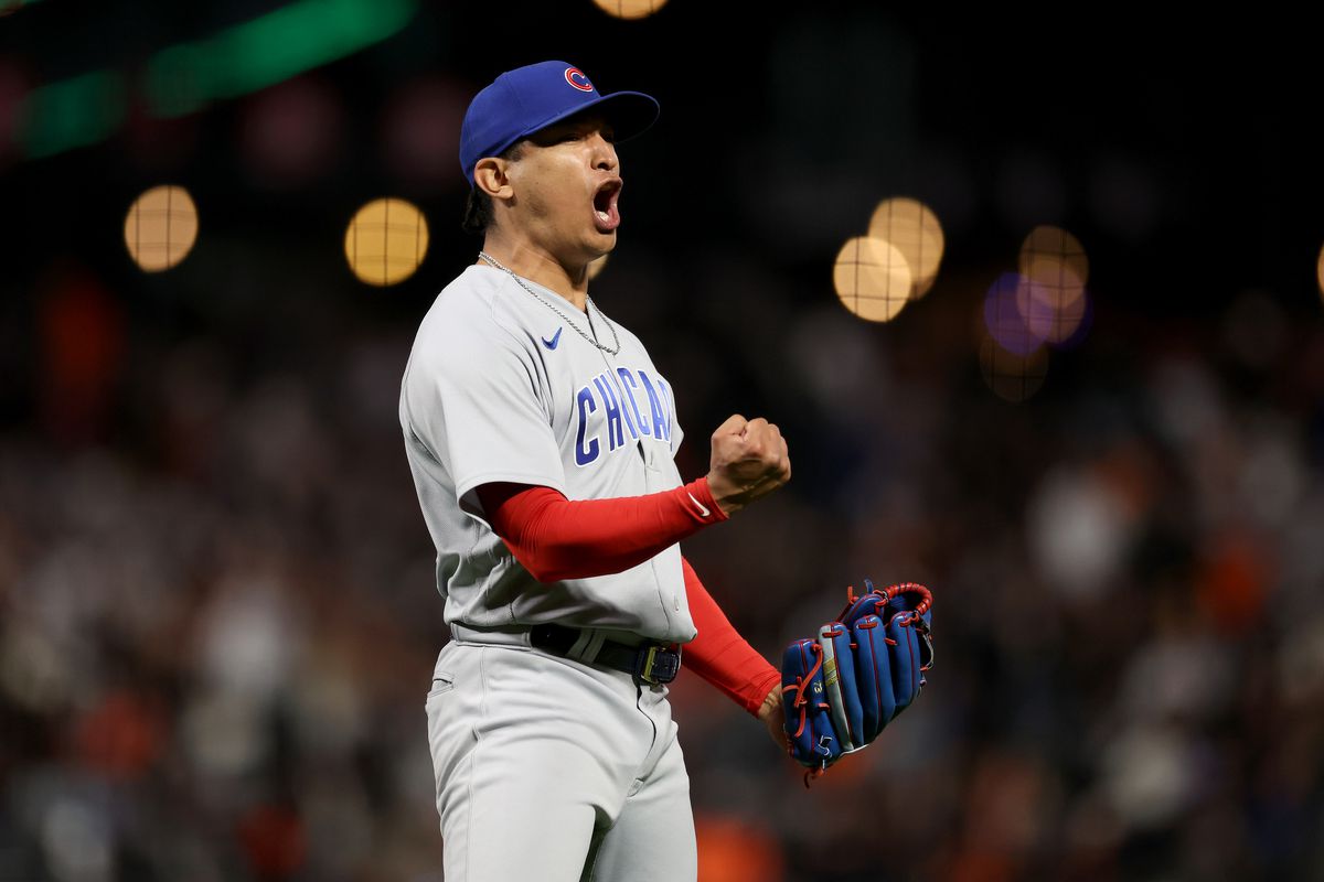 Adbert Alzolay of the Chicago Cubs pitchers reacts after they beat the San Francisco Giants at Oracle Park on June 09, 2023 in San Francisco, California.