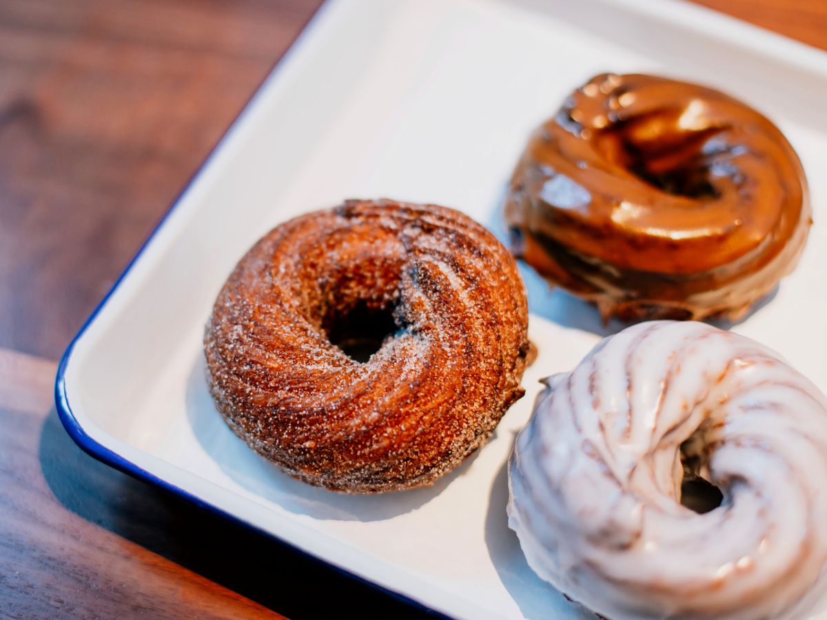 Cinnamon sugar, maple, and glazed crullers at Daily Provisions