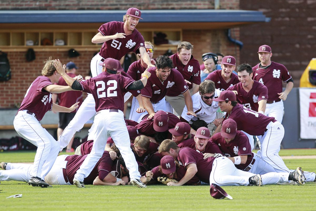 The Mississippi State Bulldogs and seven other teams dogpiled before heading to Omaha.