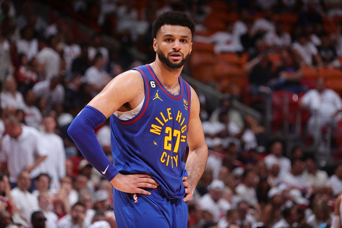 MIAMI, FL - JUNE 7: Jamal Murray #27 of the Denver Nuggets looks on during Game Three of the 2023 NBA Finals against the Miami Heat on June 7, 2023 at Kaseya Center in Miami, Florida.&nbsp;