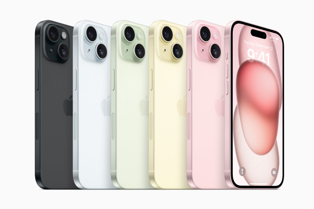 A lineup of all colors of the iPhone 15.