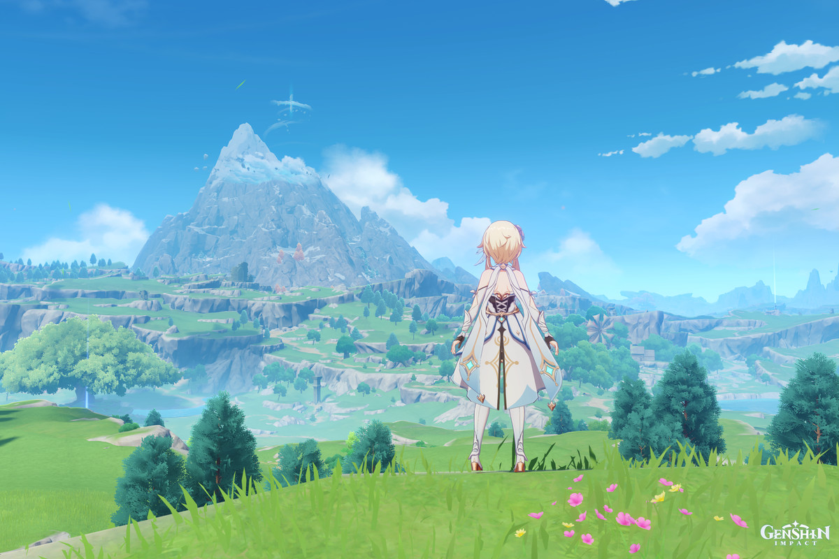 Lumine, from genshin impact, staring out at the landscape before her. she is on a overlook that shows mondstadt and dragonspine.