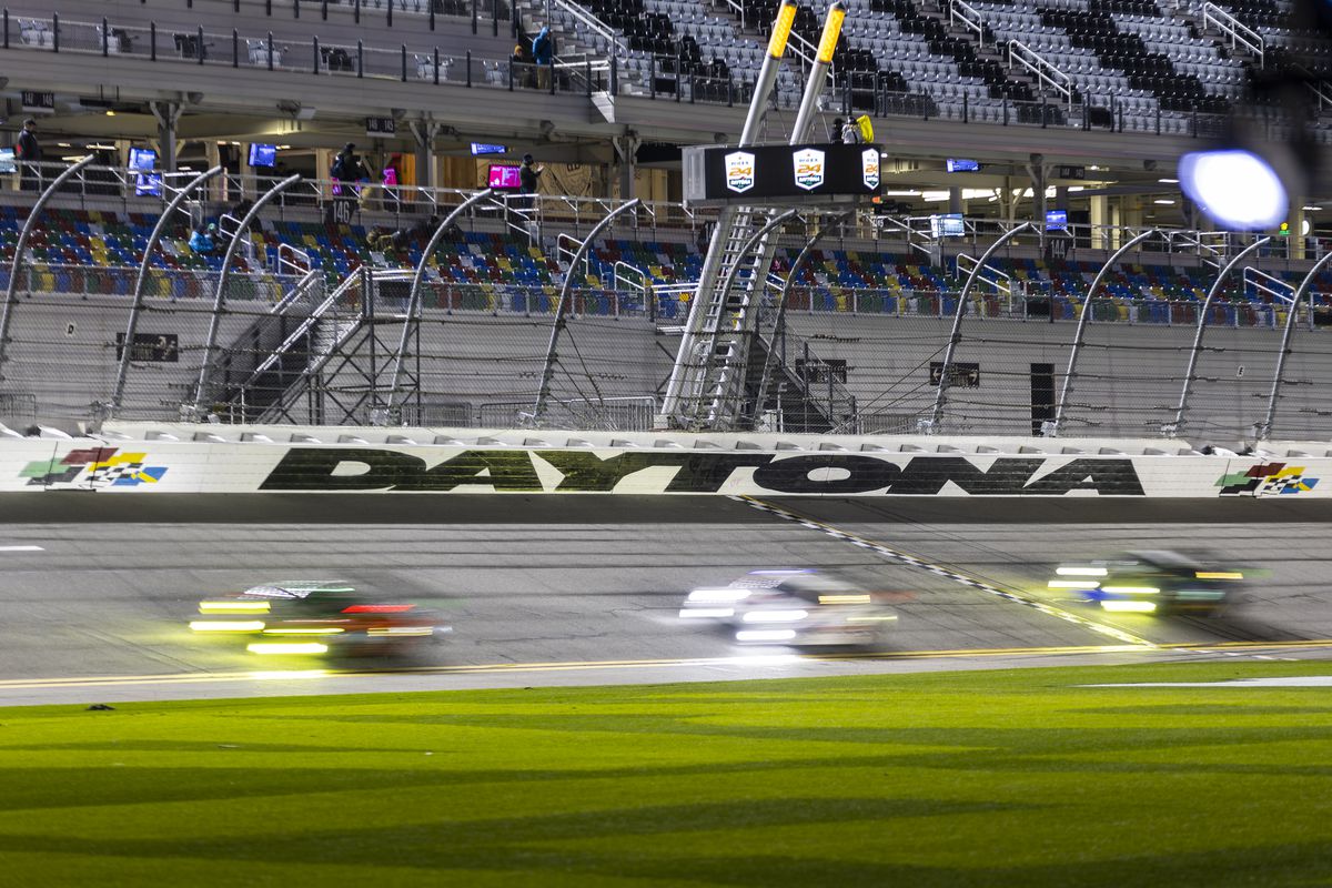 A general view as cars race during the Rolex 24 at Daytona International Speedway on January 30, 2022 in Daytona Beach, Florida.