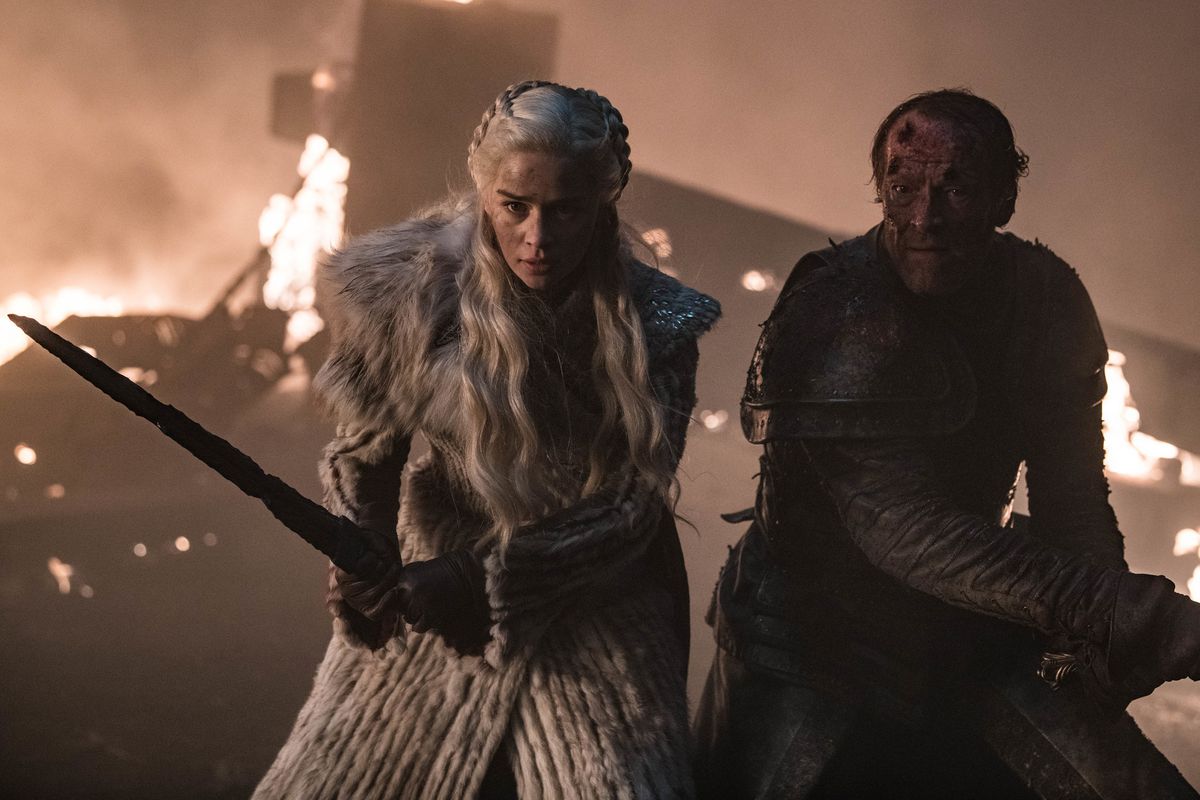 Emilia Clarke as Daenerys Targaryen and Iain Glen as Jorah Mormont fight in Game of Thrones’ Battle of Winterfell. 