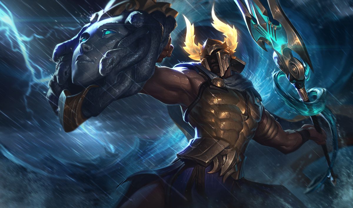 Perseus Pantheon’s splash art, which has more of an aquatic and godly theme. He wields a trident and uses a shield that looks like it has Medusa’s head on it.