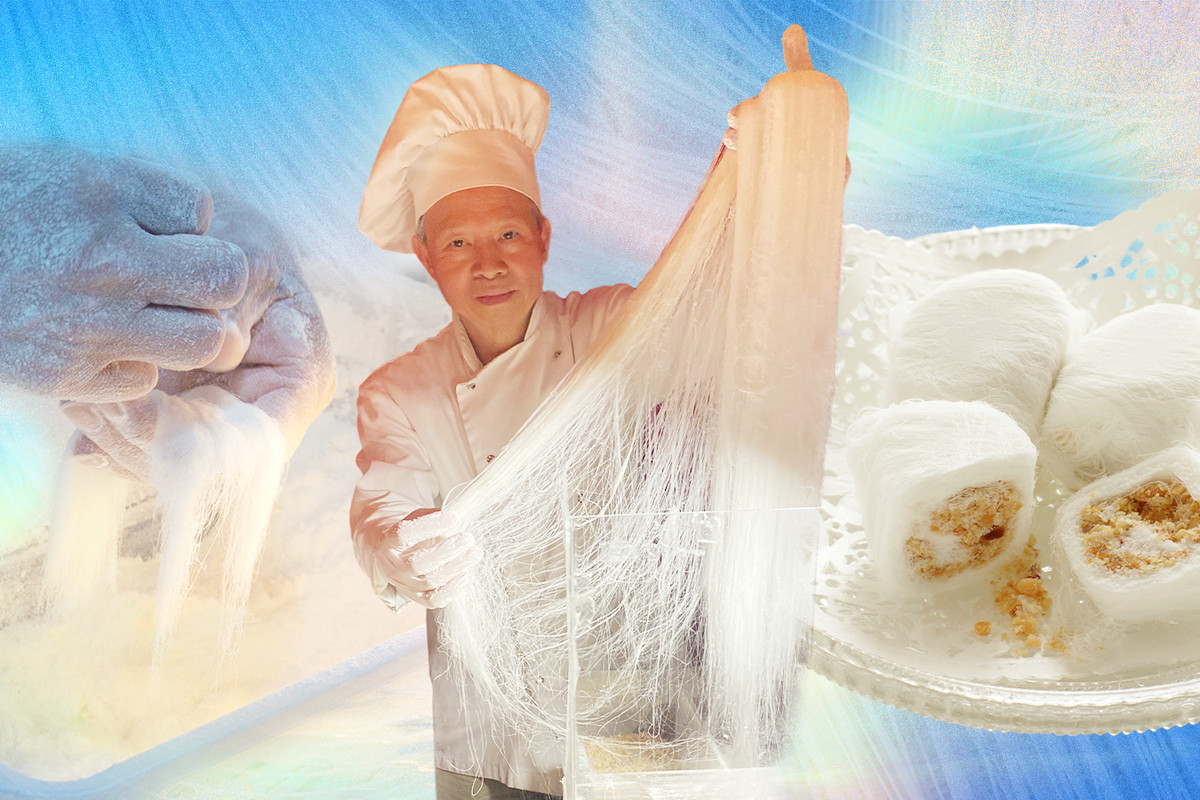 Several images overlaid, including a chef stretching dragon’s beard candy threads, finished candy, and hands at work molding the candy. 