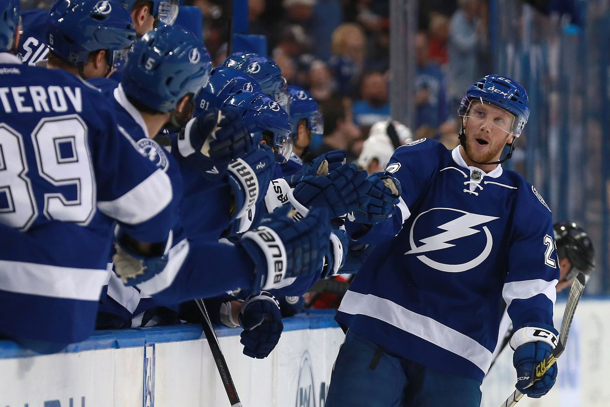 Erik Condra celebrates the first of his two goals in the Lightning's 6-2 win over Detroit in Tampa Tuesday night.