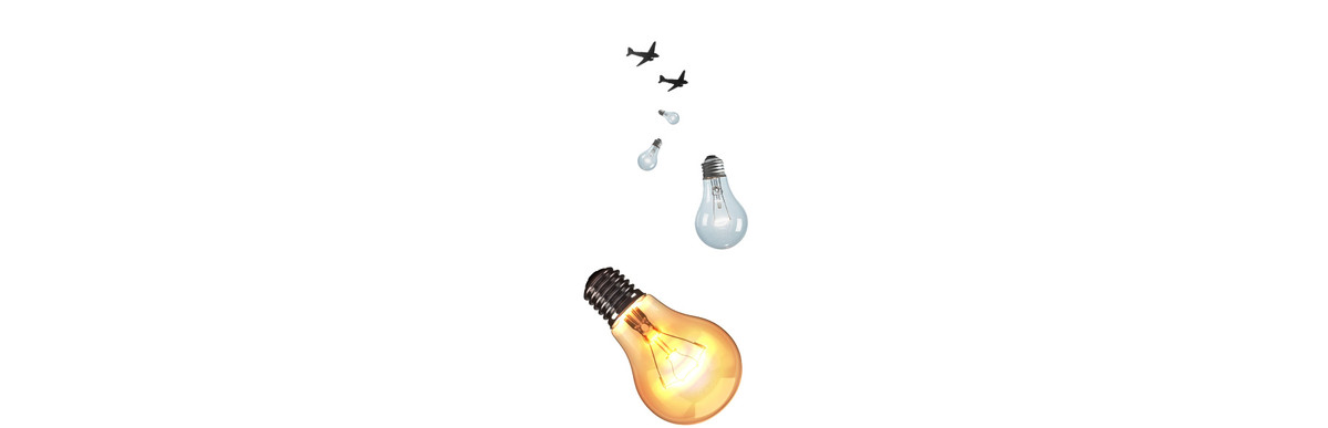 A stylized illustration of airplanes appearing to drop lightbulbs.