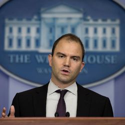 Deputy National Security adviser Ben Rhodes gestures as he speaks during the daily press briefing at the White House in Washington, Friday, June 14, 2013, in Washington. Rhodes discussed the ongoing conflict in Syria, and previewed the upcoming G8 trip. 