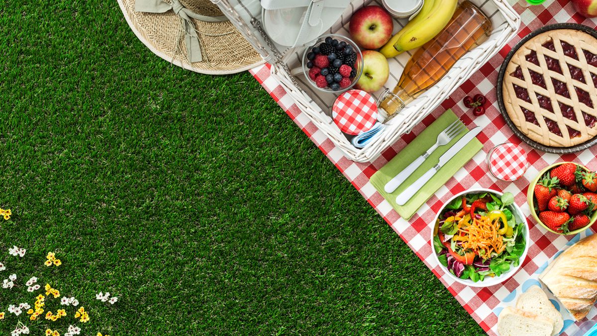 A checkered blanket on the grass with fruit, jam, a salad, and pie. A sun hat is off to the side.