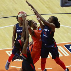 The Washington Mystics take on the Connecticut Sun in a WNBA game at Mohegan Sun Arena in Uncasville, CT on May 25, 2019.