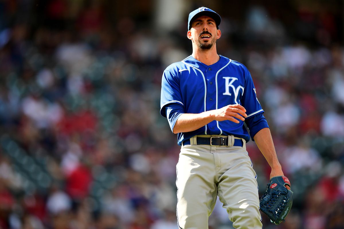 Kyle Zimmer #45 of the Kansas City Royals reacts during a game between the Kansas City Royals and Cleveland Indians at Progressive Field on September 27, 2021 in Cleveland, Ohio.
