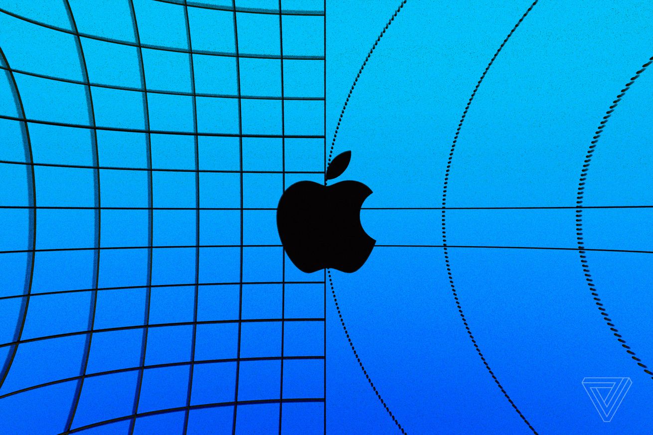 The Apple logo on a blue background