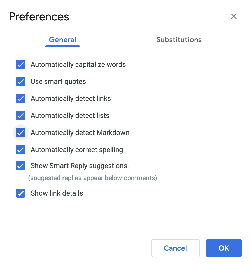 Captura de pantalla del panel de preferencias de Google Docs, que muestra la opción 