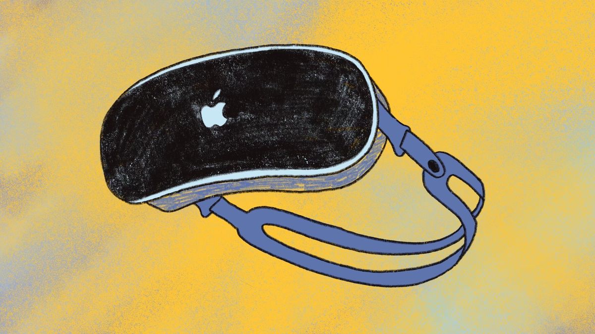 A drawing of a pair of goggle bearing an Apple logo.